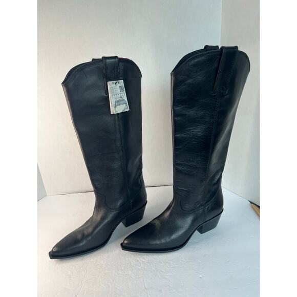 Zara Shoes - NWT Zara Western Cowgirl Black Leather Tall Knee High Zip Boots Sz 9
